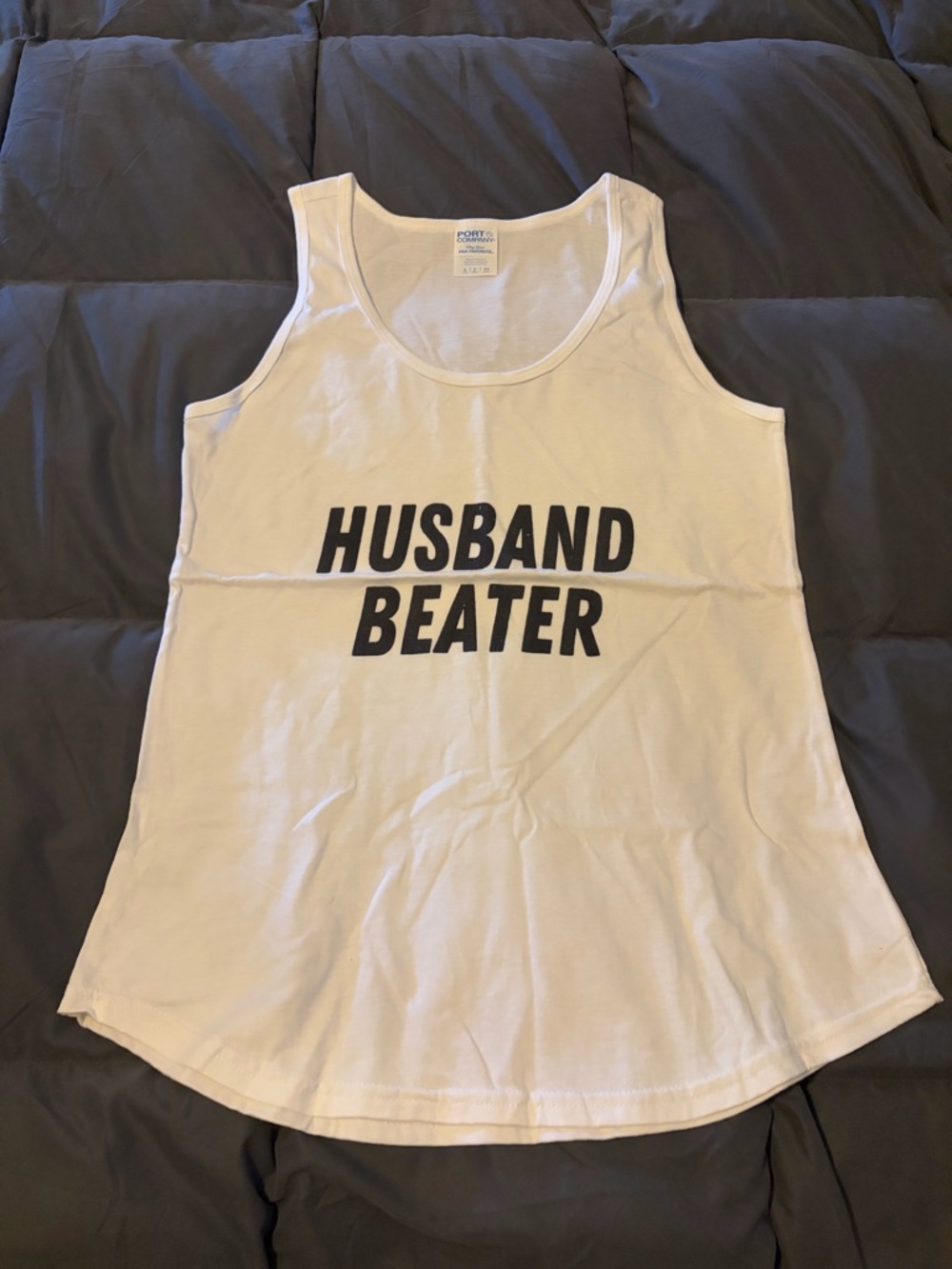 White Graphic Tank Top with Black 'HUSBAND BEATER' Print